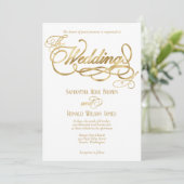 Elegant White and Faux Gold Calligraphy Wedding Einladung (Stehend Vorderseite)