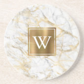 Elegant White and Gold Faux Marble Monogram Getränkeuntersetzer (Vorne)