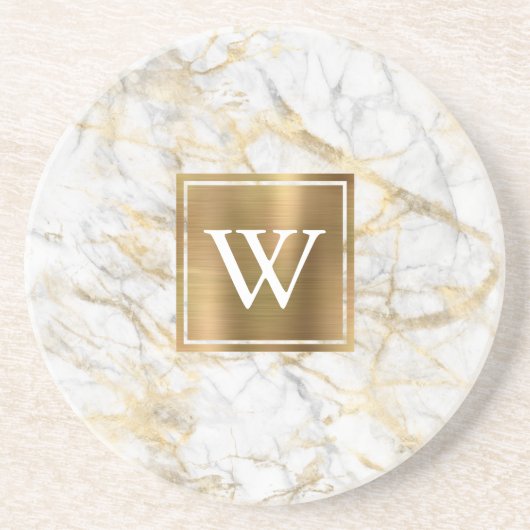 Elegant White and Gold Faux Marble Monogram Getränkeuntersetzer (Vorne)