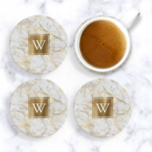 Elegant White and Gold Faux Marble Monogram Getränkeuntersetzer