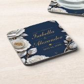 Elegant White and Gold Rose on Navy Blue Getränkeuntersetzer (Linke Seite)