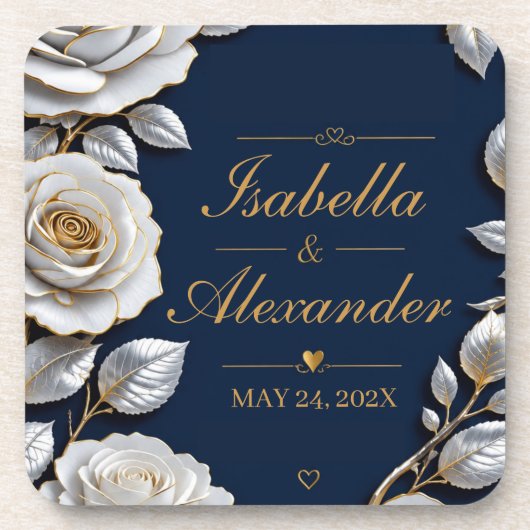 Elegant White and Gold Rose on Navy Blue Getränkeuntersetzer (Vorderseite)