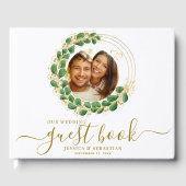 Elegant White and Gold Zwei Fotos Hochzeit Gästebuch (Vorderseite)