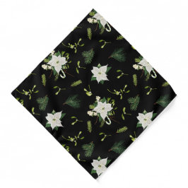 Elegant White and Green Floral Illustrated Black Halstuch