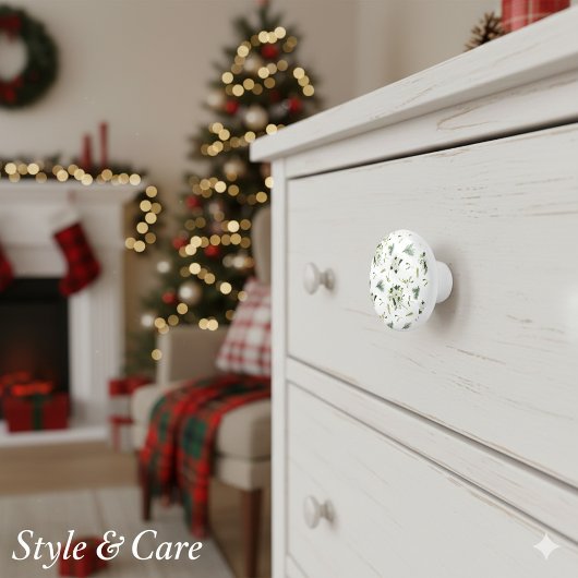 Elegant White and Green Floral Illustrated Ceramic Keramikknauf