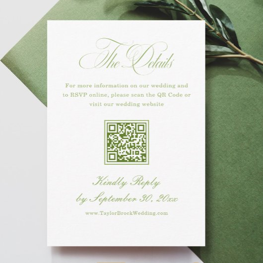 Elegant White and Green Wedding Details Qr Code Begleitkarte