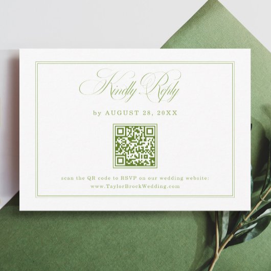 Elegant White and Green Wedding RSVP Qr Code  Begleitkarte