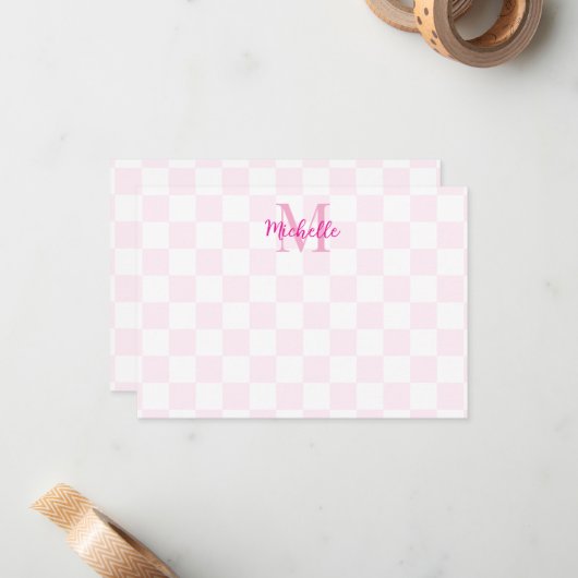 Elegant White and Pink Checkerboard Personalized  Mitteilungskarte (Vorderseite/Rückseite Beispiel)
