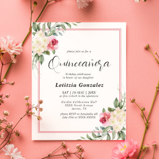 Elegant White and Red Floral Quinceñera Einladung
