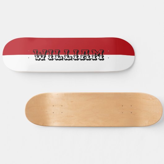 Elegant white and red personalized name skateboard (Horizontal)