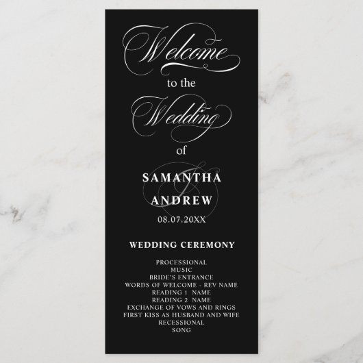 Elegant white black calligraphy wedding program programm (Vorderseite)