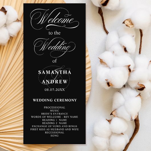 Elegant white black calligraphy wedding program programm