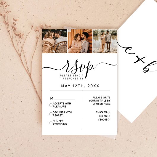 Elegant White Black Foto Monogram Wedding RSVP En Karte