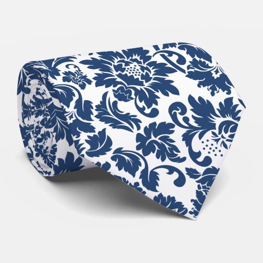 Elegant White & Blue Floral Damasks Krawatte (Gerollt)