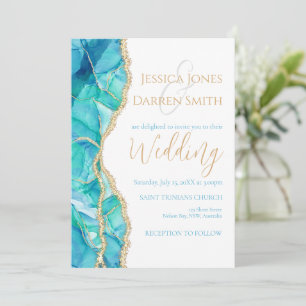 Elegant White Blue Gold Glitter Watercolor Wedding Einladung