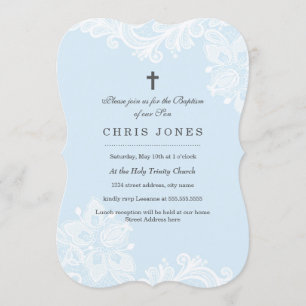 Elegant White Blue Lace Taufe Einladung