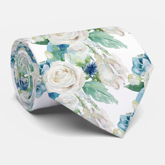 Elegant White Blue WInter Rose Neck Tie Krawatte (Gerollt)