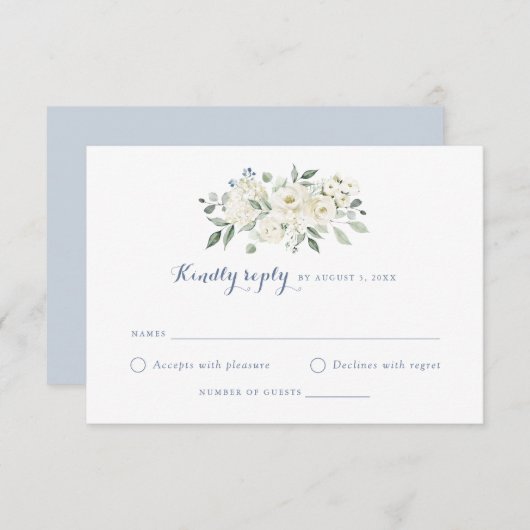 Elegant White Blume Dusty Blue Wedding RSVP Einladung (Vorne/Hinten)