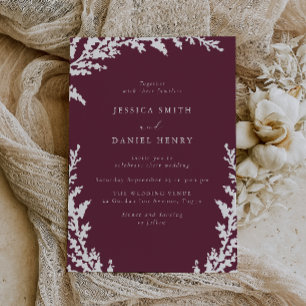 Elegant White Boho Leaf Burgundy Merlot Wedding Einladung