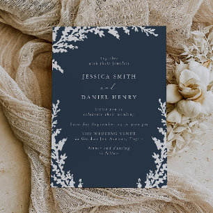 Elegant White Boho Leaf Navy Blue Wedding Einladung