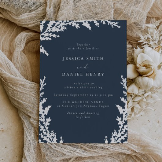 Elegant White Boho Leaf Navy Blue Wedding Einladung