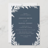 Elegant White Boho Leaf Navy Blue Wedding Einladung (Vorderseite)