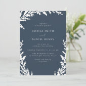 Elegant White Boho Leaf Navy Blue Wedding Einladung (Stehend Vorderseite)