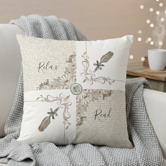 Elegant White Bookish Quill Home Décor Reading Kissen (Cozy up with a unique vintage style home decor throw pillow)