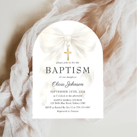 Elegant White Bow Baptism Girl Invitation Einladung