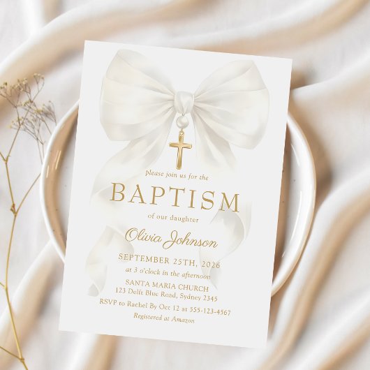 Elegant White Bow Baptism Girl Invitation Einladung