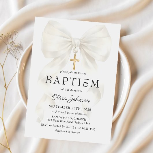 Elegant White Bow Baptism Girl Invitation Einladung