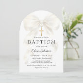 Elegant White Bow Baptism Girl Invitation Einladung (Stehend Vorderseite)