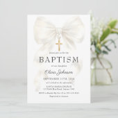 Elegant White Bow Baptism Girl Invitation Einladung (Stehend Vorderseite)