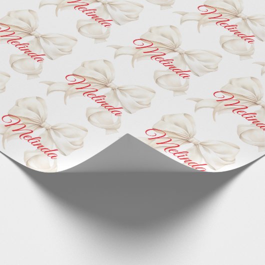 Elegant White Bow red name Christmas Geschenkpapier (Ecke)
