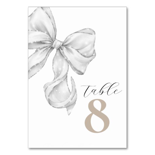 Elegant White Bow Table Numbers for Wedding Tischnummer (Vorderseite)