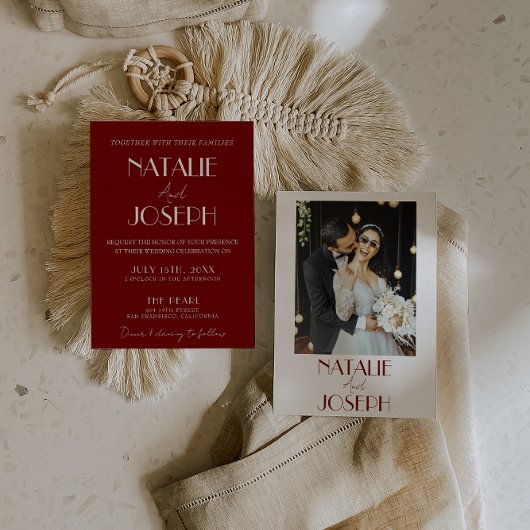 Elegant White Burgundy Minimalist Photo Wedding Einladung