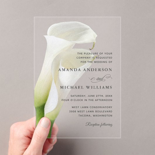 Elegant White Calla Lilies Floral Wedding Acryleinladungen (Insitu (Handheld))