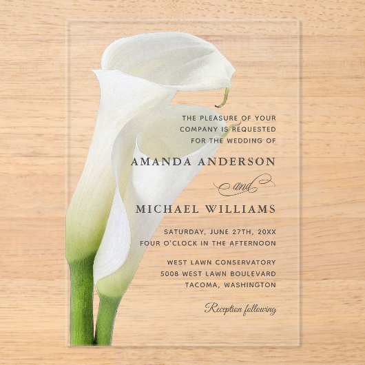 Elegant White Calla Lilies Floral Wedding Acryleinladungen (Vorderseite)
