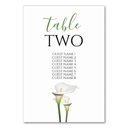 Elegant White Calla Lilies Wedding Guest Names Tischnummer (Vorderseite)