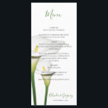 Elegant White Calla Lilies Wedding Menükarte<br><div class="desc">Dieses elegante Blumendesign besticht durch weiße Calla-Lilien. Die schönen weißen Calla-Lilien sind mit ihren grünen Stielen vervollständigt. Die Namen der Braut und des Bräutigams sind farblich auf die grünen Stiele der Calla Lilie Blume abgestimmt. Das elegante, blumengeschmückte Hochzeitsdesign eignet sich ideal für jedes Hochzeitsthema. Elegantes calla lily Blume Hochzeitsmenü-Kartendesign mit...</div>