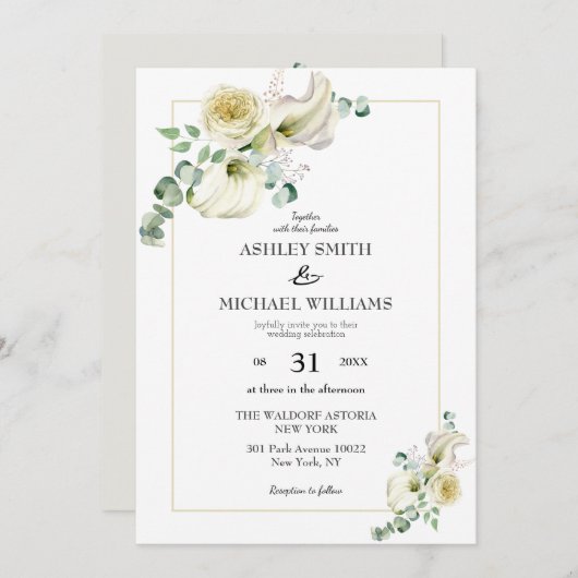 Elegant White Calla Lily & Eukalyptus Grüne Einladung (Vorne/Hinten)