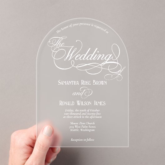 Elegant White Calligraphy Text Clear Wedding Acryleinladungen (Insitu (Handheld))