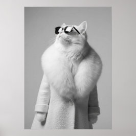 Elegant White Cat in Fur Collar Coat Sunglasses Poster