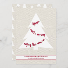 Elegant White Christmas Tree Burgundy Script Beige Feiertagskarte