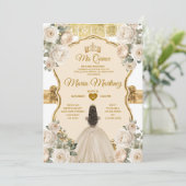 Elegant White Cream Floral Prinzessin Quiñceanera Einladung (Stehend Vorderseite)