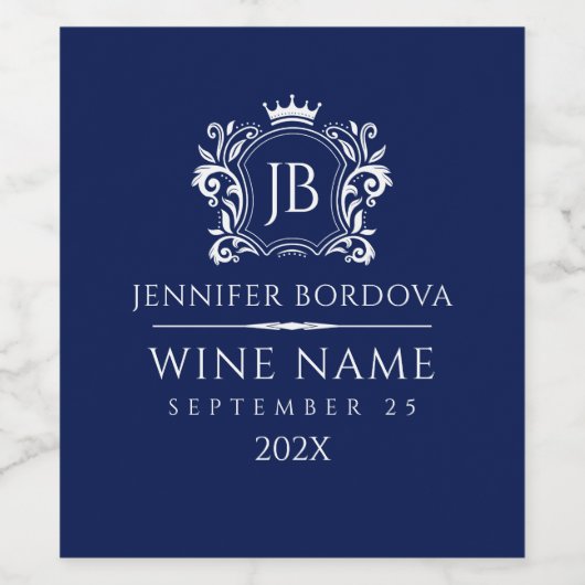 Elegant White Crown Frame On Custom Blue Weinetikett (Einzelnes Label)