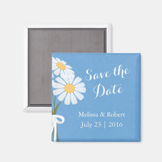 Elegant White Daisies Blue Save the Date Wedding Magnet (Vorderseite/Rückseite)