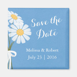 Elegant White Daisies Blue Save the Date Wedding Magnet