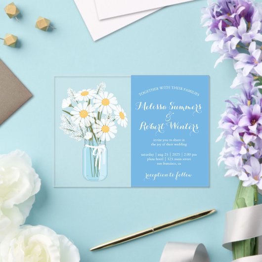 Elegant White Daisies Mason Jar Wedding Blue Acryleinladungen (In Situ (Hochzeit))