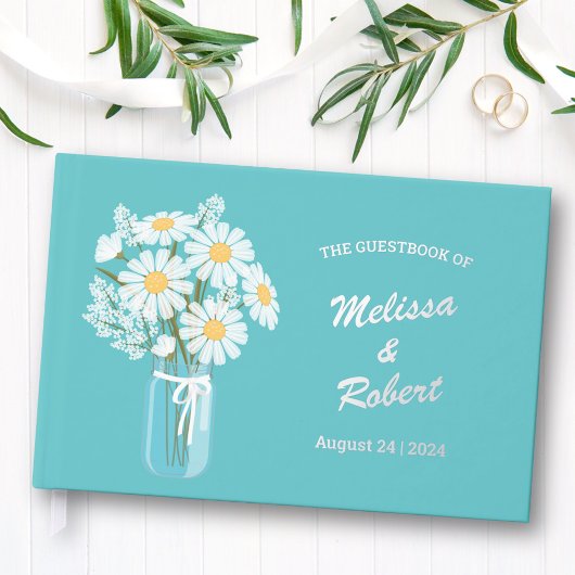Elegant White Daisies Mason Jar Wedding Foil Aquam Gästebuch